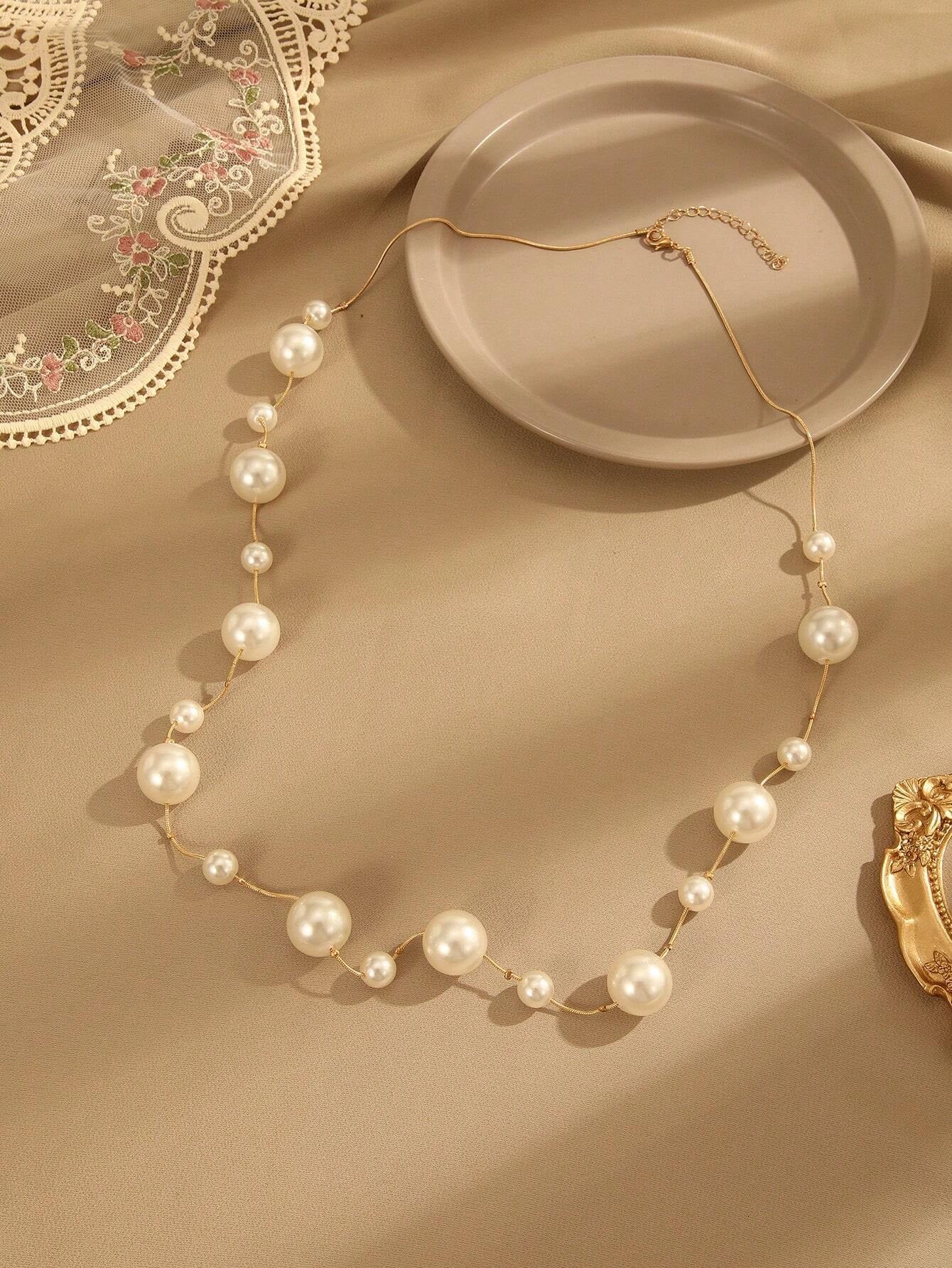 1Pc European and American Popular Long Faux Pearl Sweater Chain Necklace