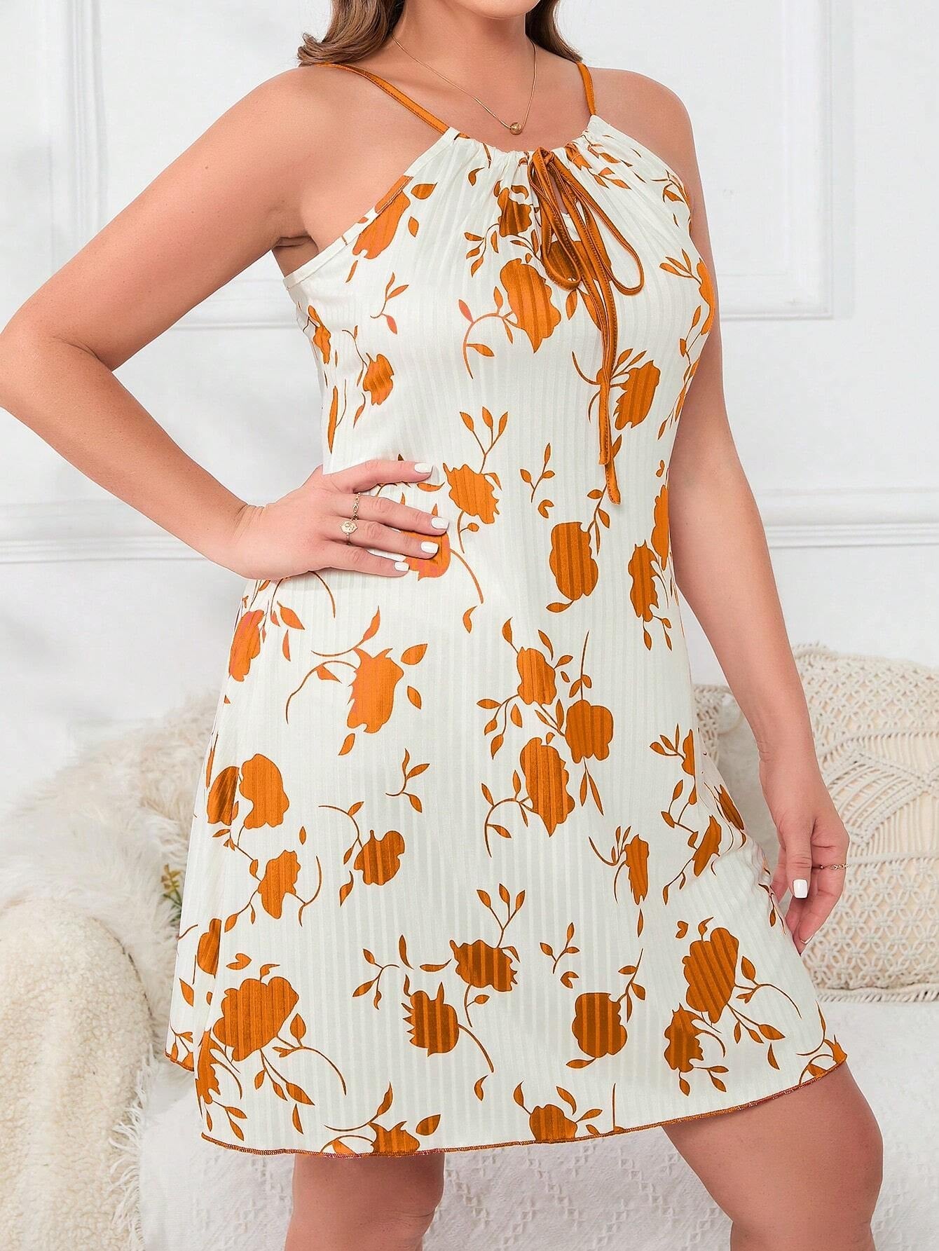 Plus Size Women'S Floral Printed Strappy Sleep Dress