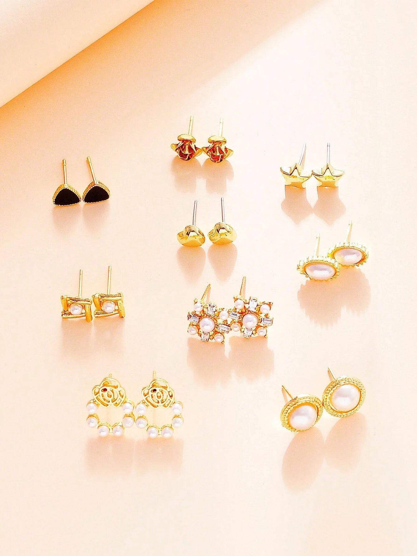 9Pairs/Set Rhinestone & Flower Decor Stud Earrings