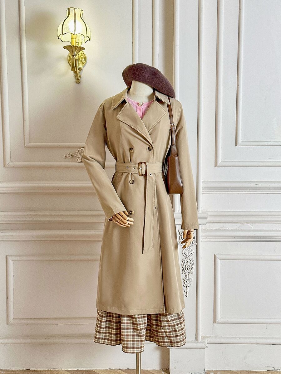 SHEIN MOD معطف ترنش نسائي بلون كاكي بأكمام طويلة وخصر محدد