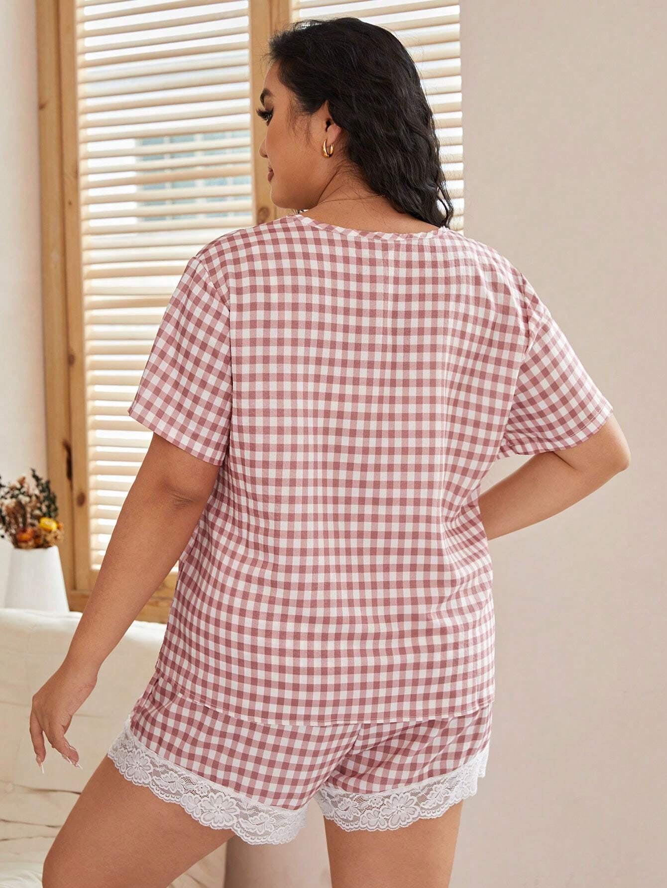 Plus Size Lace & Floral & Check Print Homewear Set