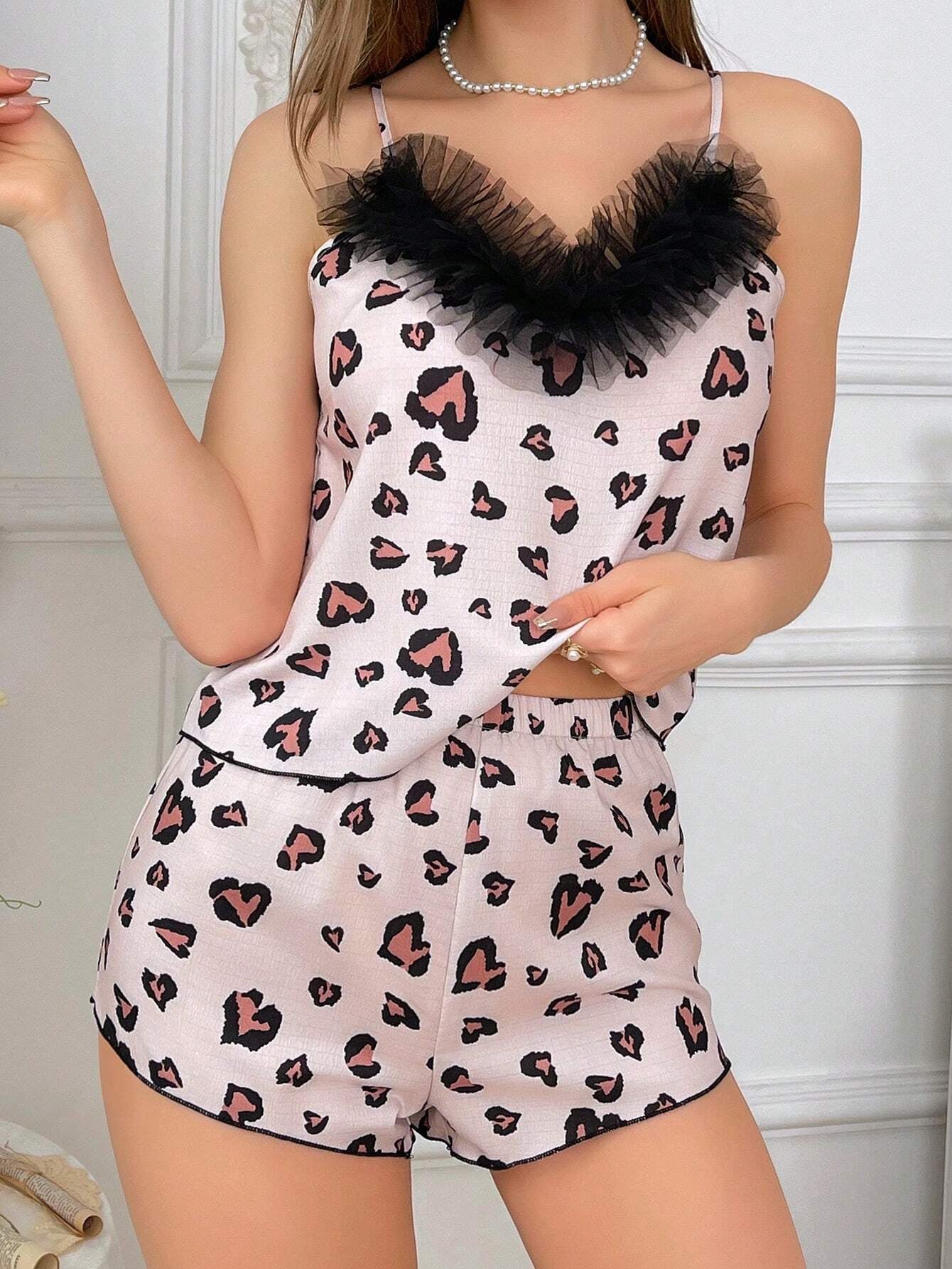 Women'S Leopard Print Mesh Patchwork Sleepwear Set with Frilly Hem Cami Top and Shorts