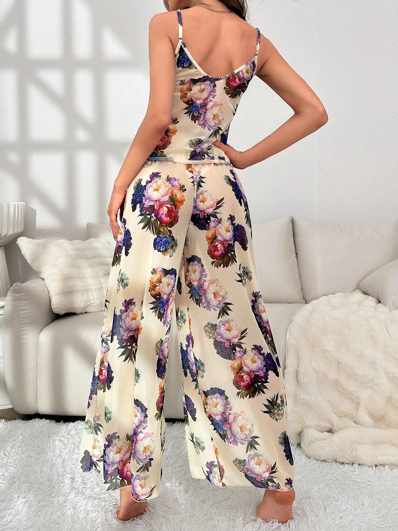 Floral Print Knot Front Cami Top & Wide Leg Pants PJ Set