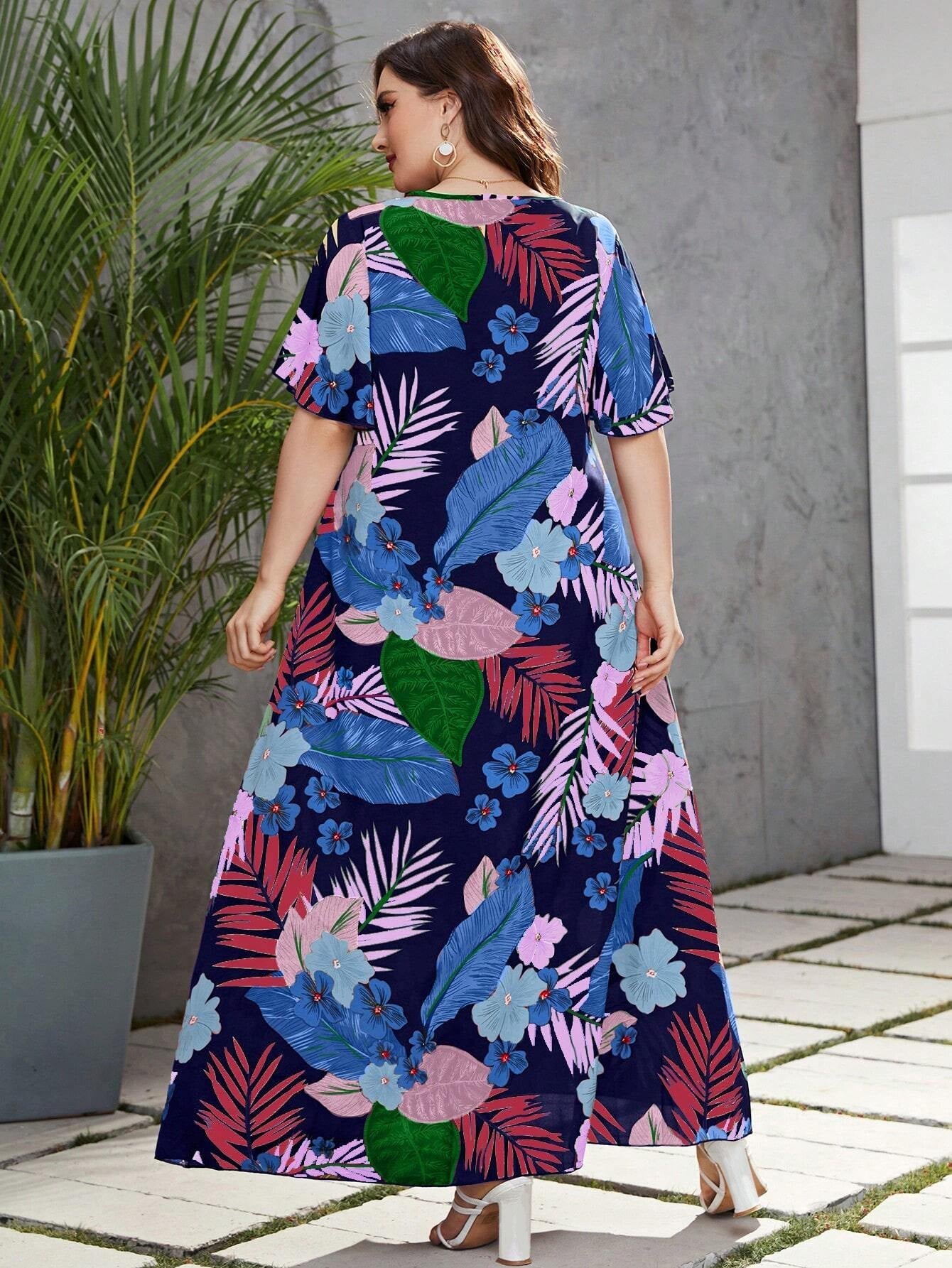 Mulvari plus Tropical Print Butterfly Sleeve Fake Button Dress