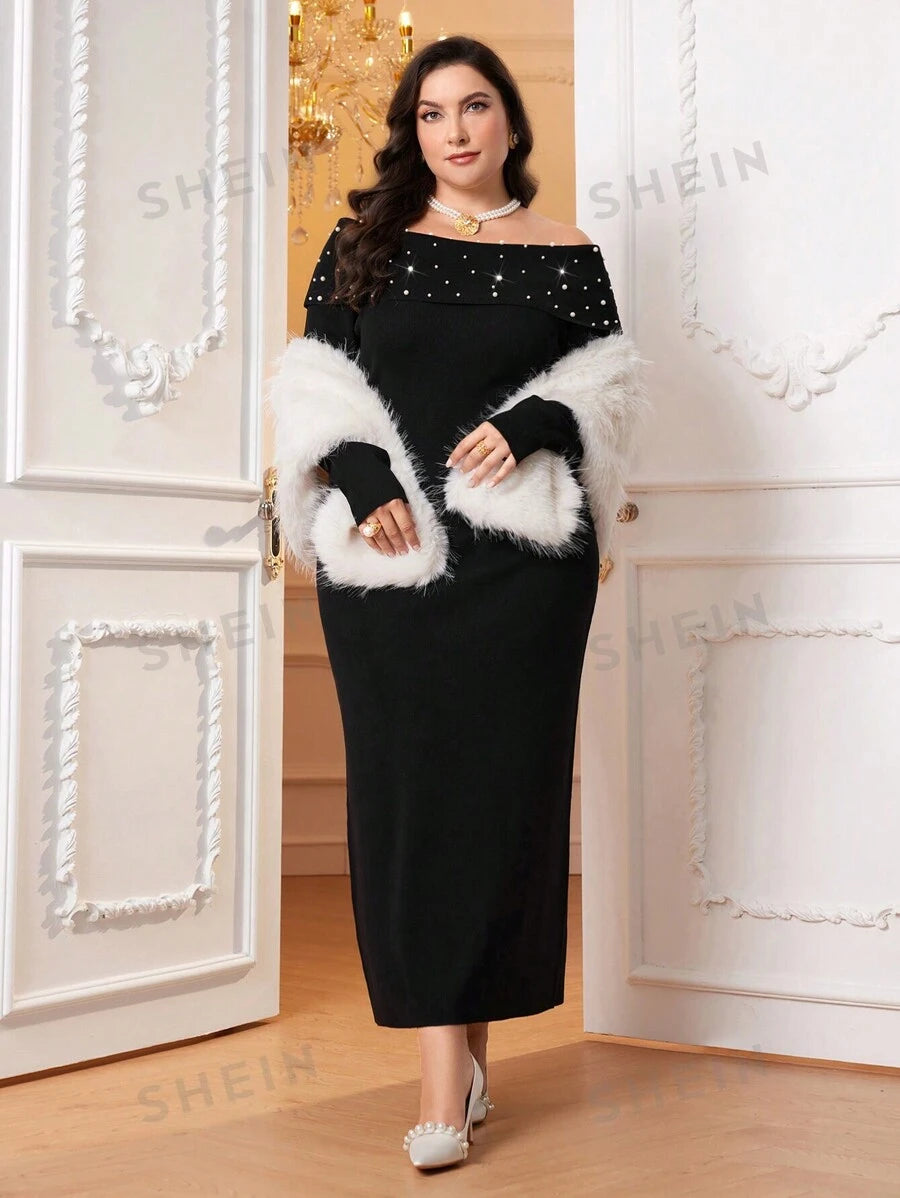 SHEIN Modely فستان صوف مكشوف الكتف مطرز بلؤلؤ مقاس كبير