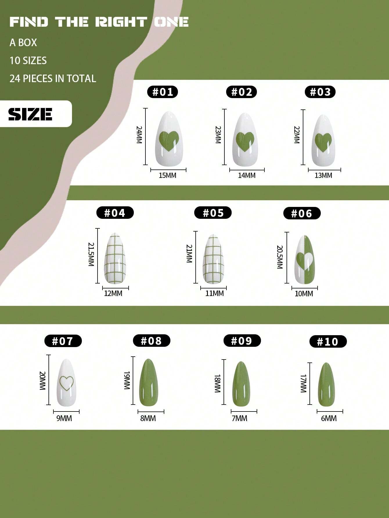 Add a Touch of Romance with 24Pcs Medium Long Almond Shaped Matte & Glossy Double Green Leaves & Foil Painting Full Coverage Nails for Women and Girls