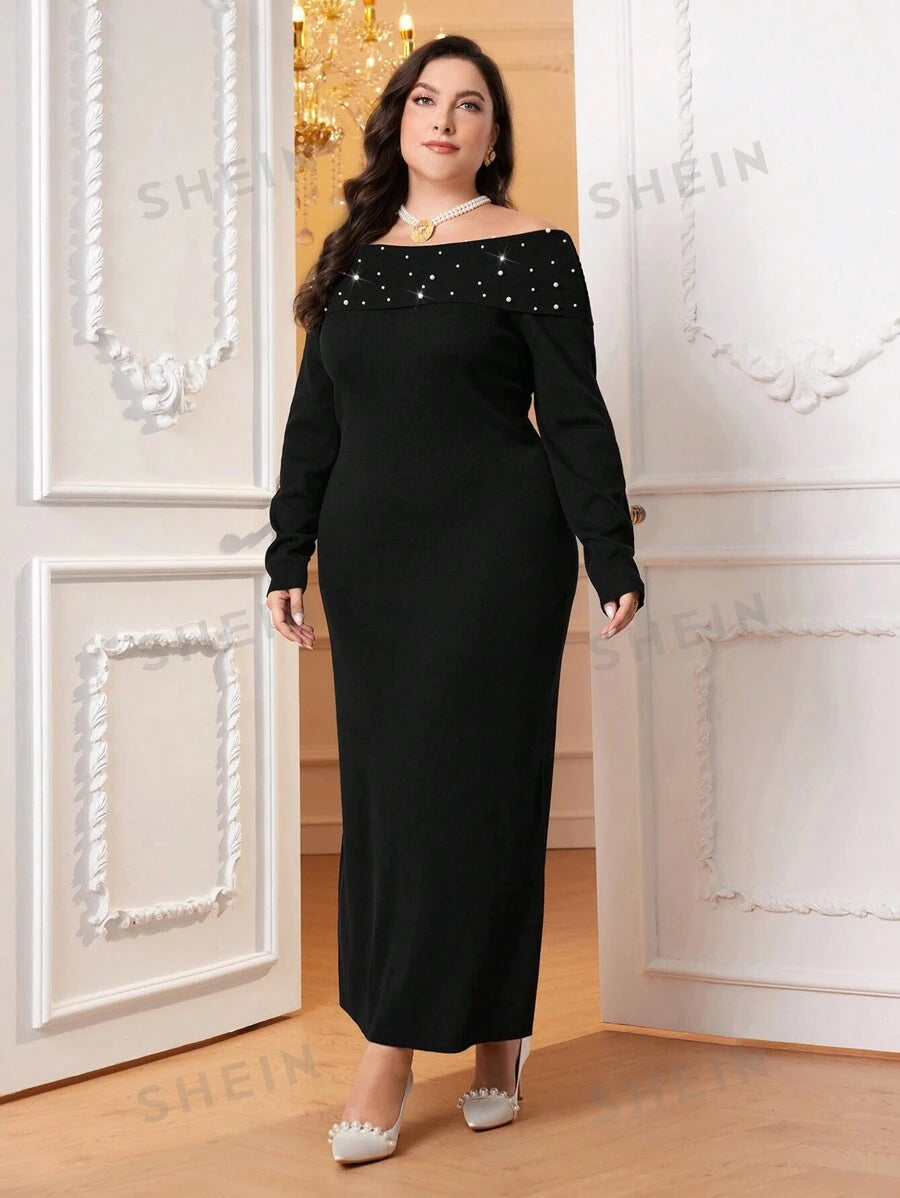 SHEIN Modely فستان صوف مكشوف الكتف مطرز بلؤلؤ مقاس كبير