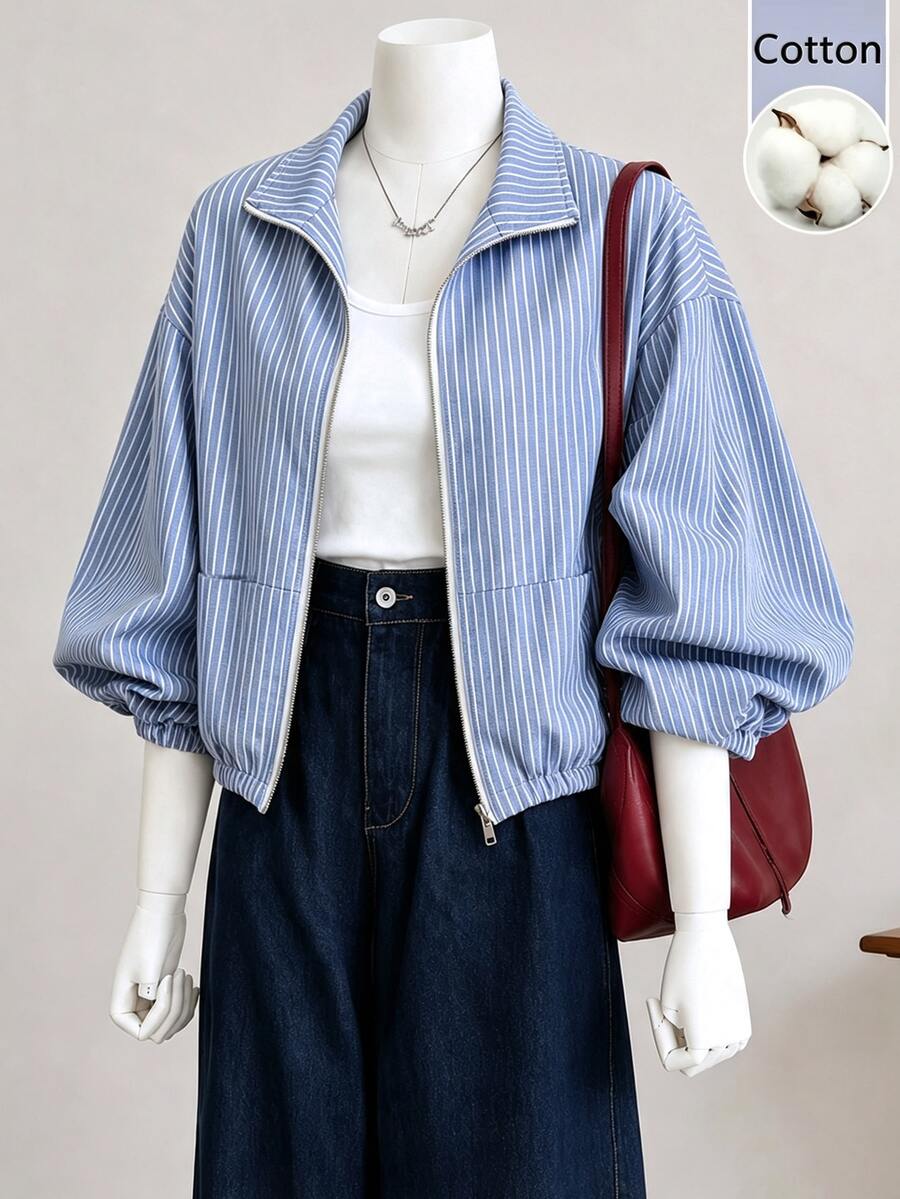 SHEIN Cévolie جاكيت نسائي خفيف بطبعة زرقاء وبيضاء وسحاب