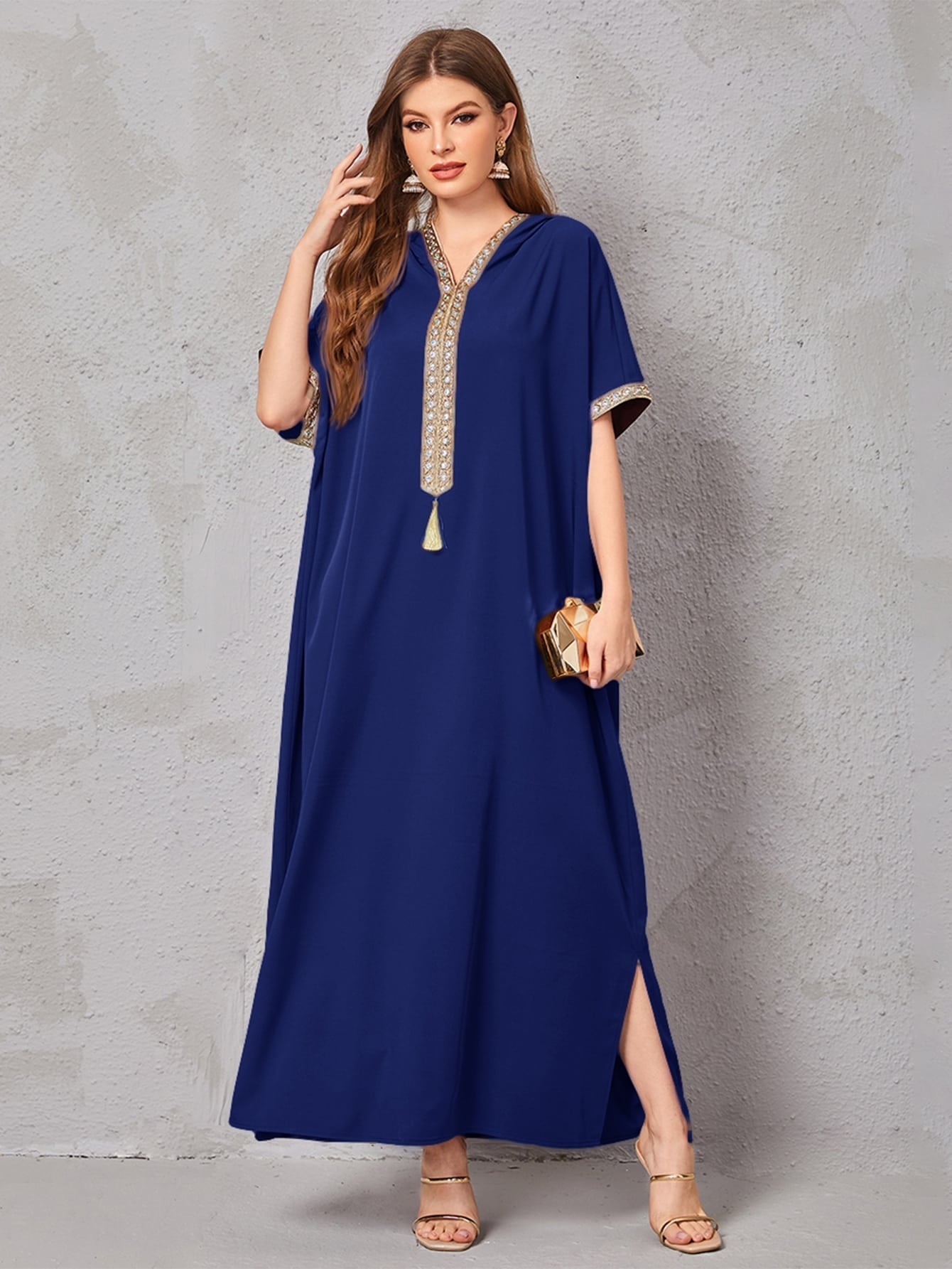 Najma Contrast Embroidered Trim Split Hem Kaftan