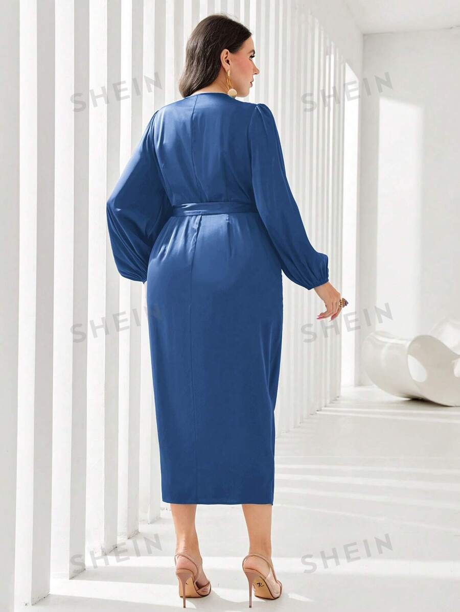 SHEIN Modely فستان كاجوال بأكمام فانوس رباط بلون أحادي مقاس كبير