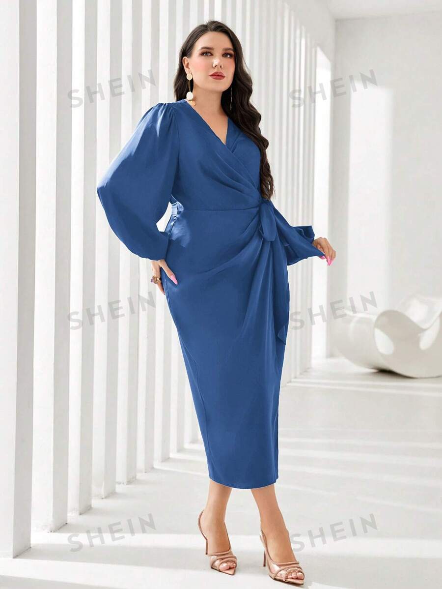 SHEIN Modely فستان كاجوال بأكمام فانوس رباط بلون أحادي مقاس كبير