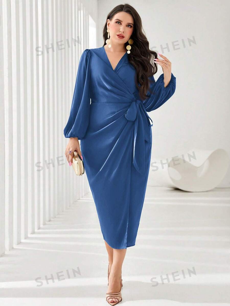 SHEIN Modely فستان كاجوال بأكمام فانوس رباط بلون أحادي مقاس كبير