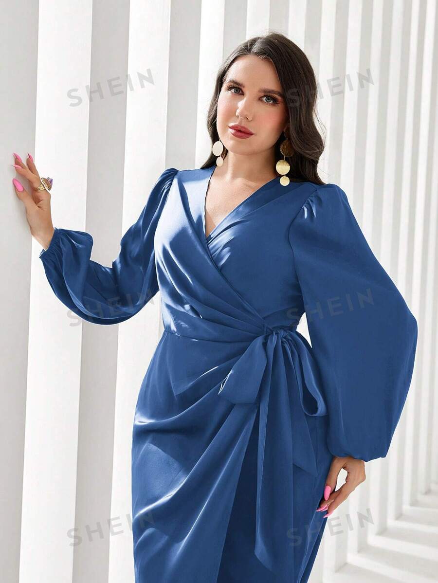 SHEIN Modely فستان كاجوال بأكمام فانوس رباط بلون أحادي مقاس كبير