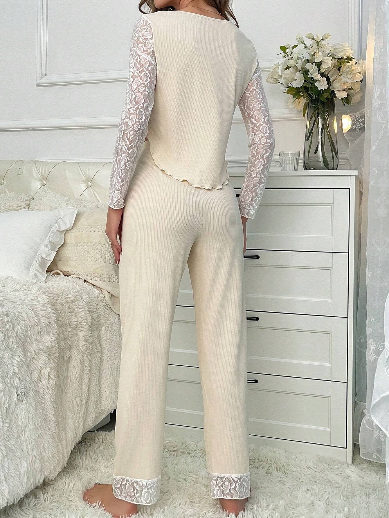 Contrast Lace Notched Neckline Contrast Lace PJ Set