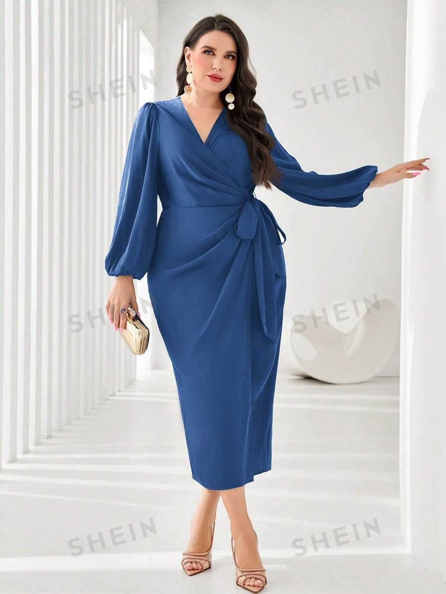 SHEIN Modely فستان كاجوال بأكمام فانوس رباط بلون أحادي مقاس كبير