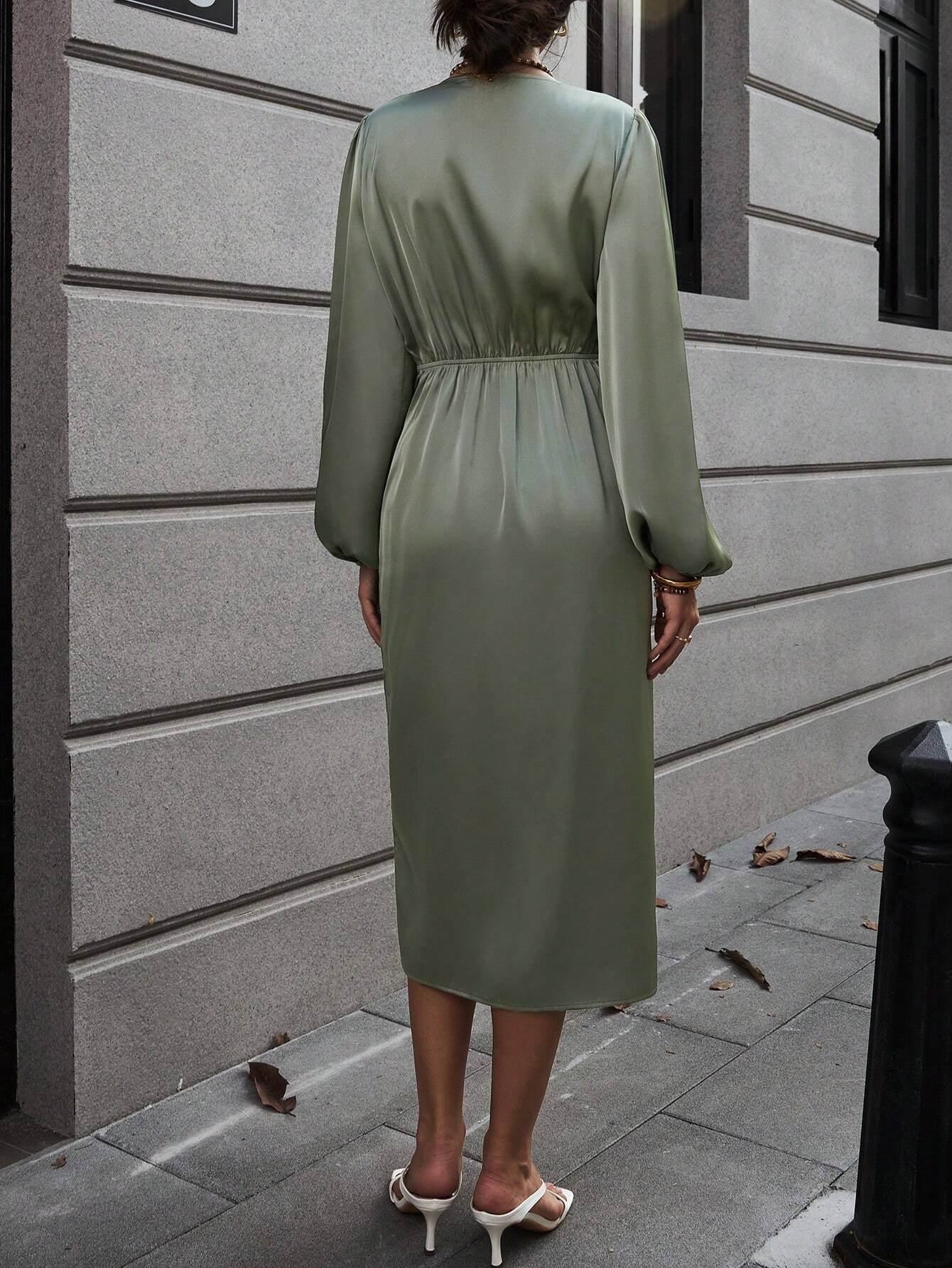 Clasi Lantern Sleeve Knot Side Wrap Satin Dress