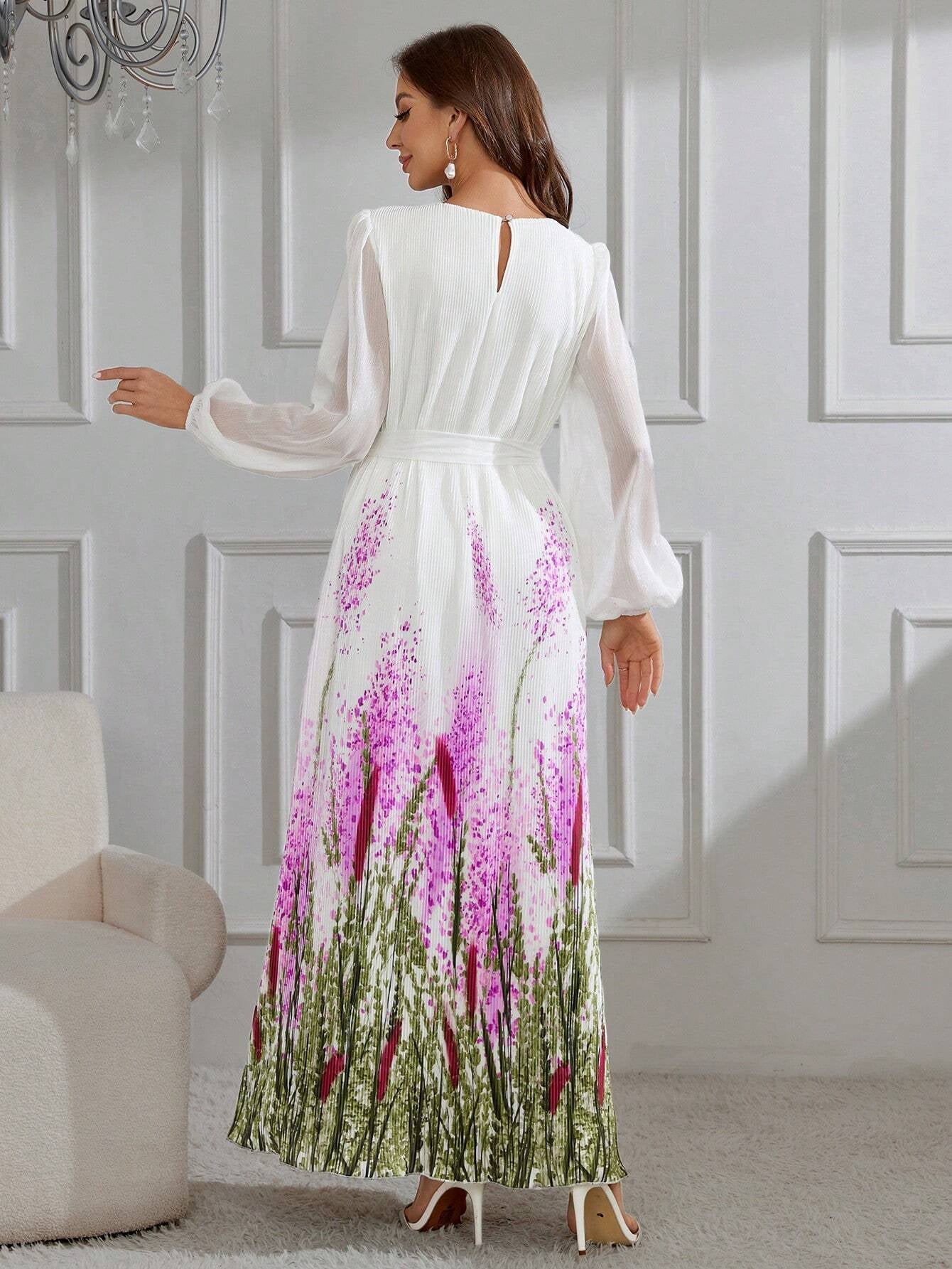 Modely Women'S Printed Lantern Sleeve Dress with Pleated Details