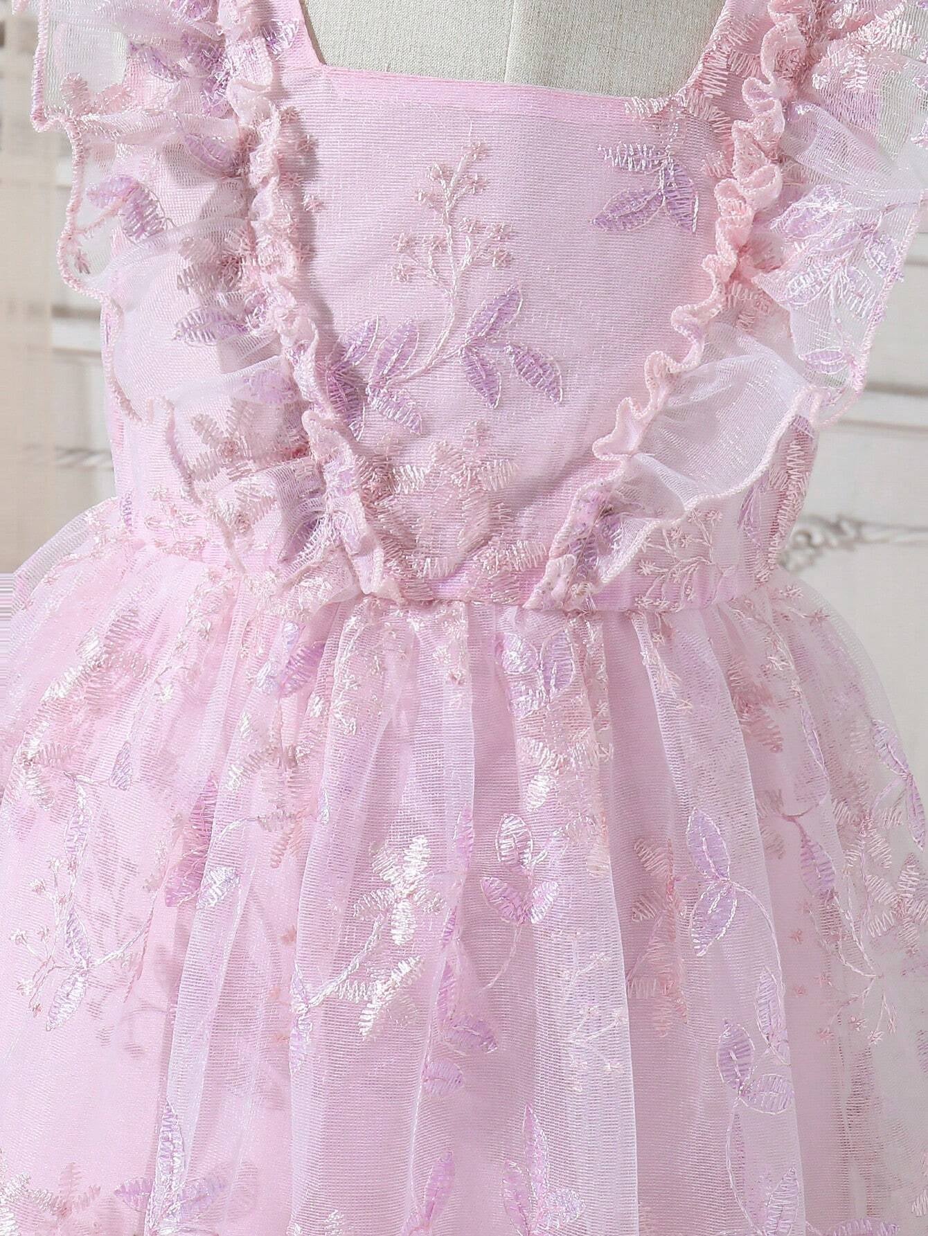 Young Girls' Elegant Princess Dresses, Flower Embroidered Tulle Dress with Puffy Sleeves for Wedding/Birthday/Party/Holiday, Sweet Pink Summer Clothes