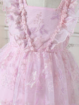 Young Girls' Elegant Princess Dresses, Flower Embroidered Tulle Dress with Puffy Sleeves for Wedding/Birthday/Party/Holiday, Sweet Pink Summer Clothes