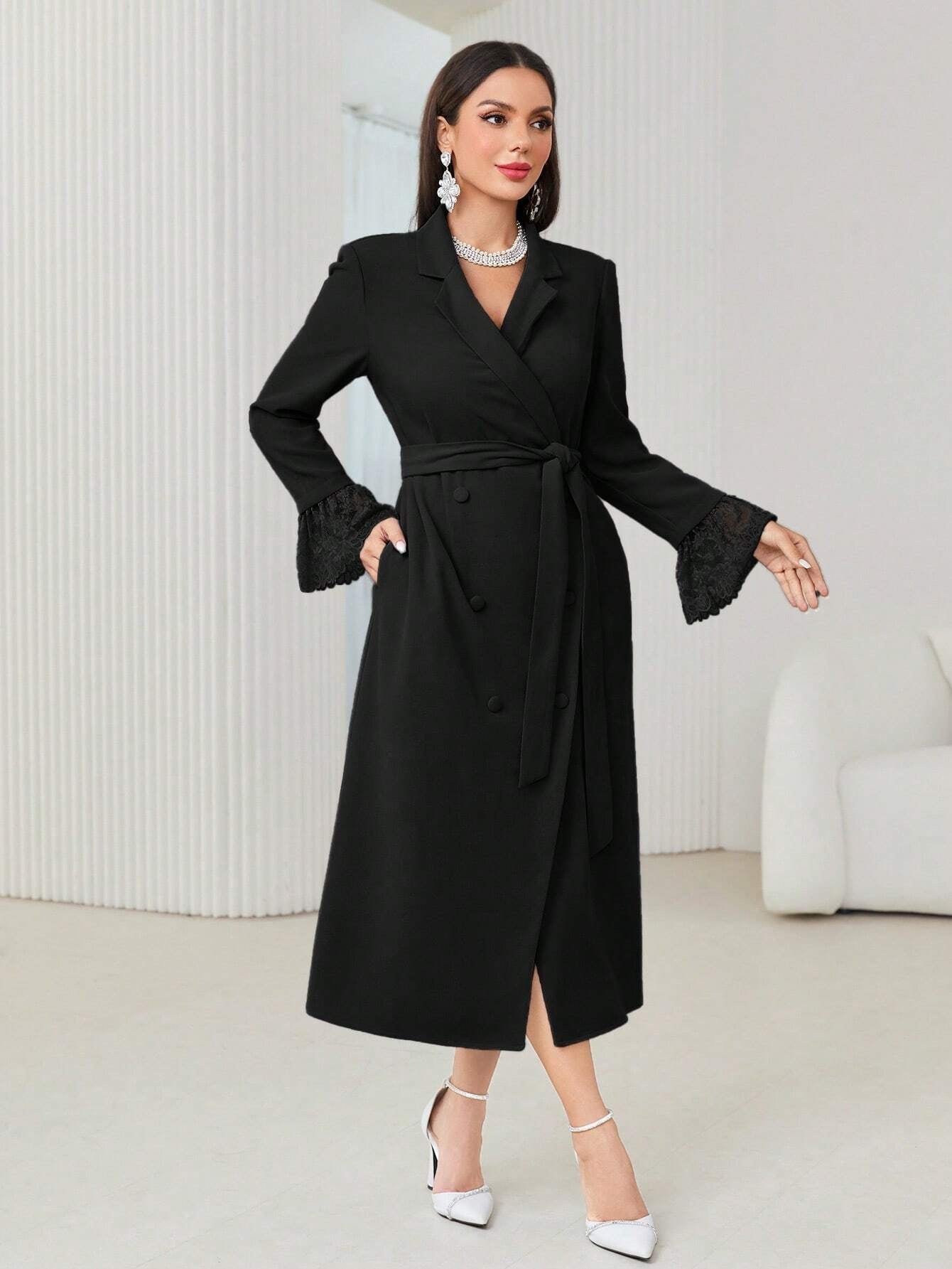 Modely Lace Spliced Sleeve Cuffs Long Blazer Coat for Women