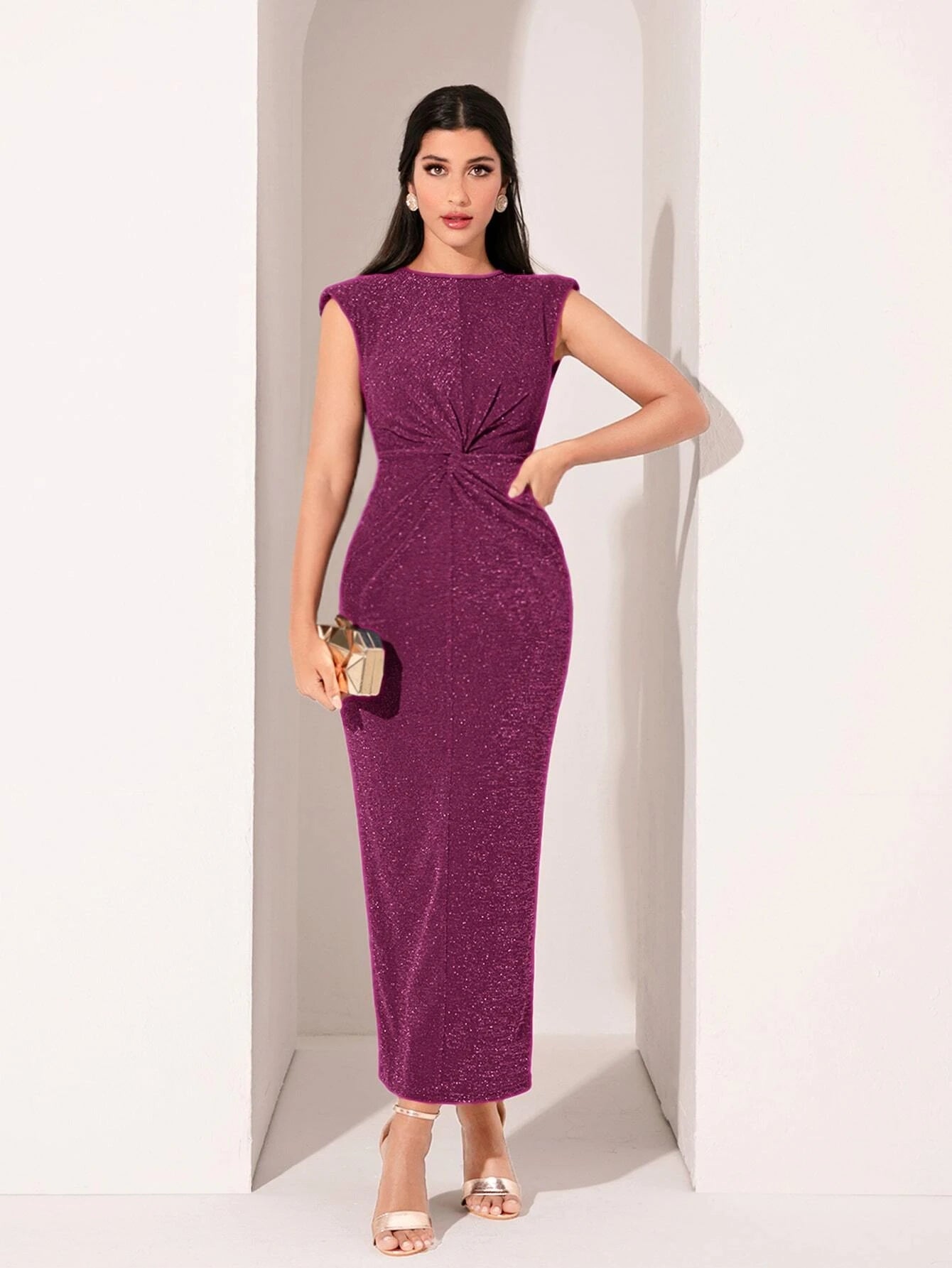 Modely Shoulder Pad Twist Front Glitter Dress