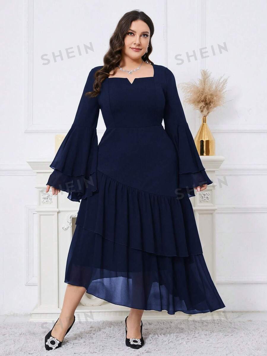 SHEIN Modely فستان أنيق للحفلات المسائية مع أكمام قرع وطيات على الحافة بلون أحادي مقاس كبير