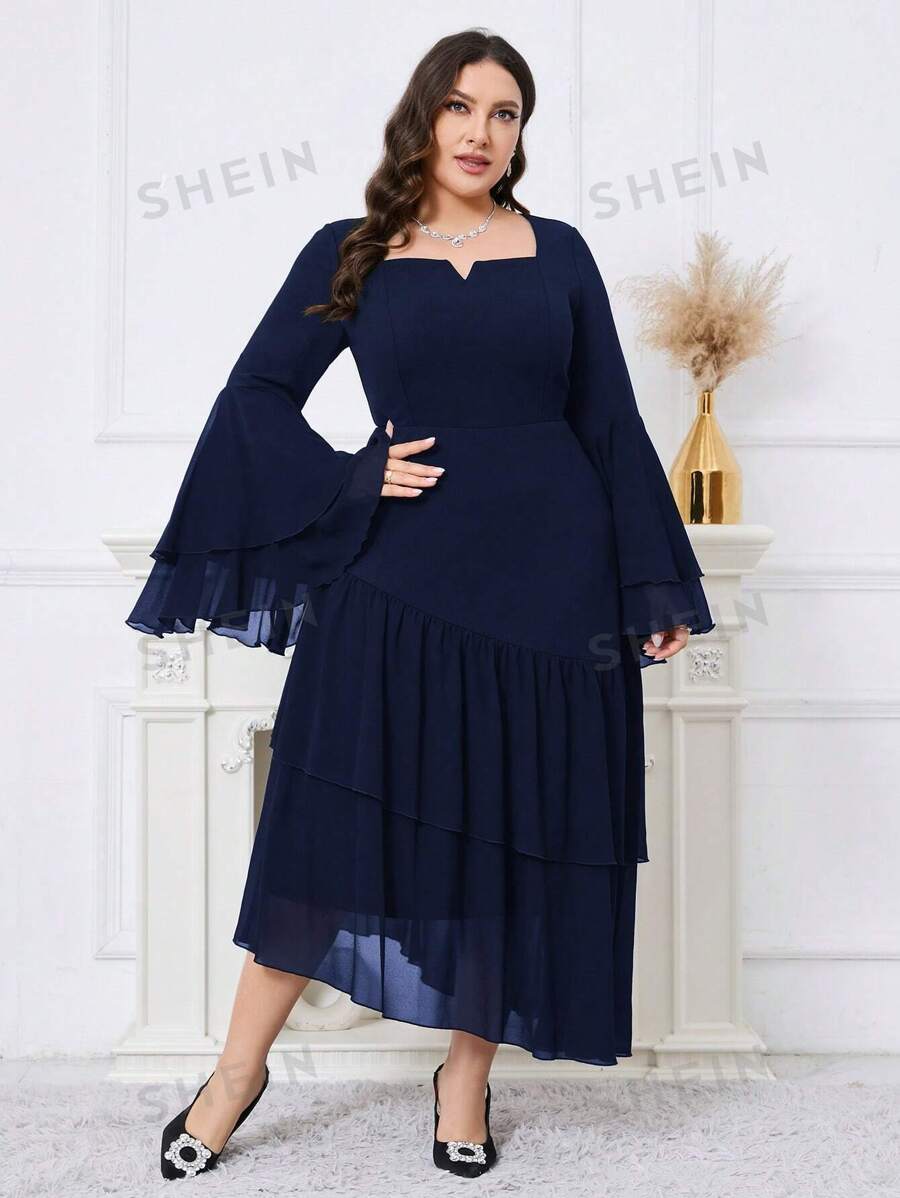 SHEIN Modely فستان أنيق للحفلات المسائية مع أكمام قرع وطيات على الحافة بلون أحادي مقاس كبير