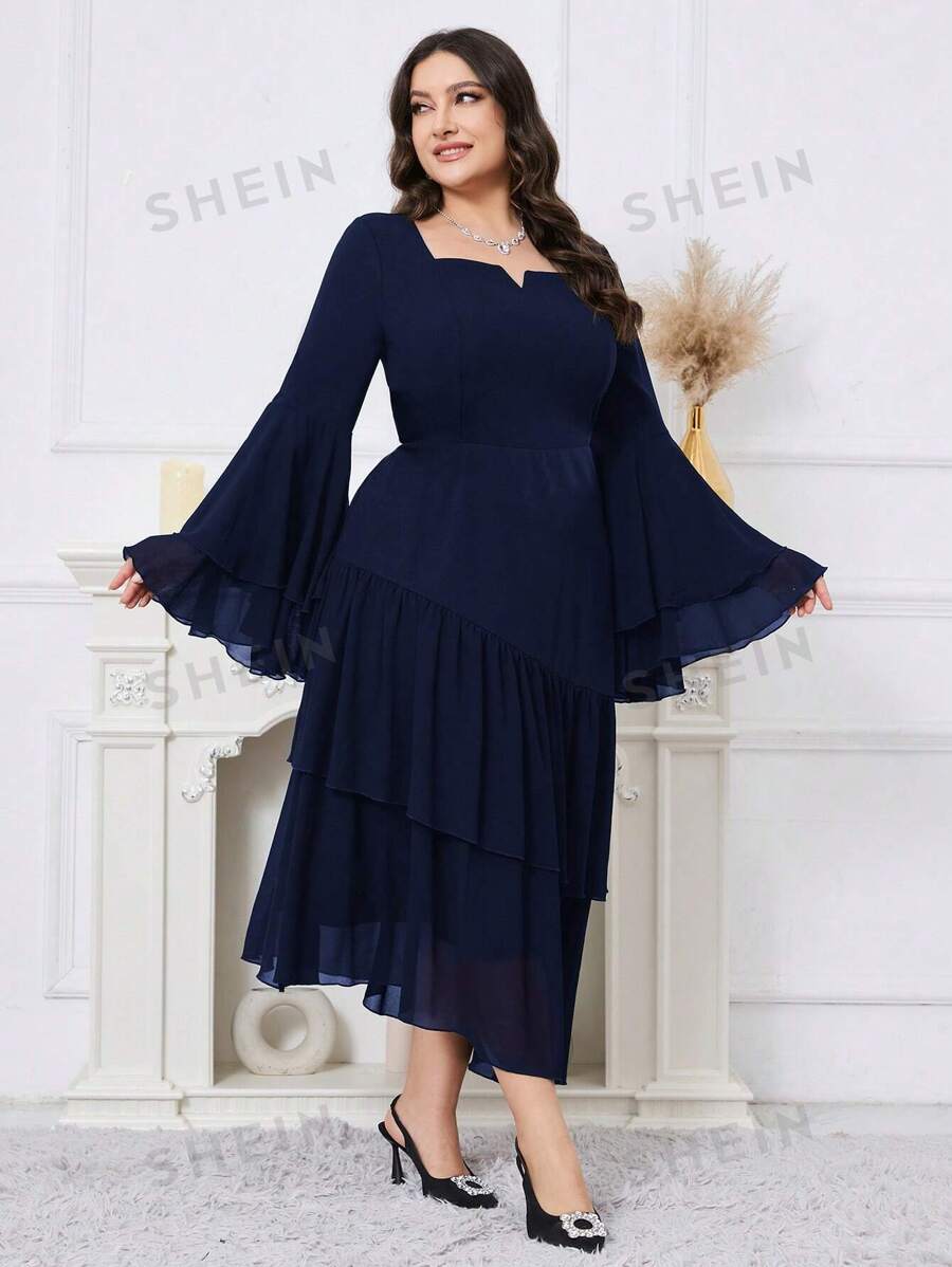 SHEIN Modely فستان أنيق للحفلات المسائية مع أكمام قرع وطيات على الحافة بلون أحادي مقاس كبير