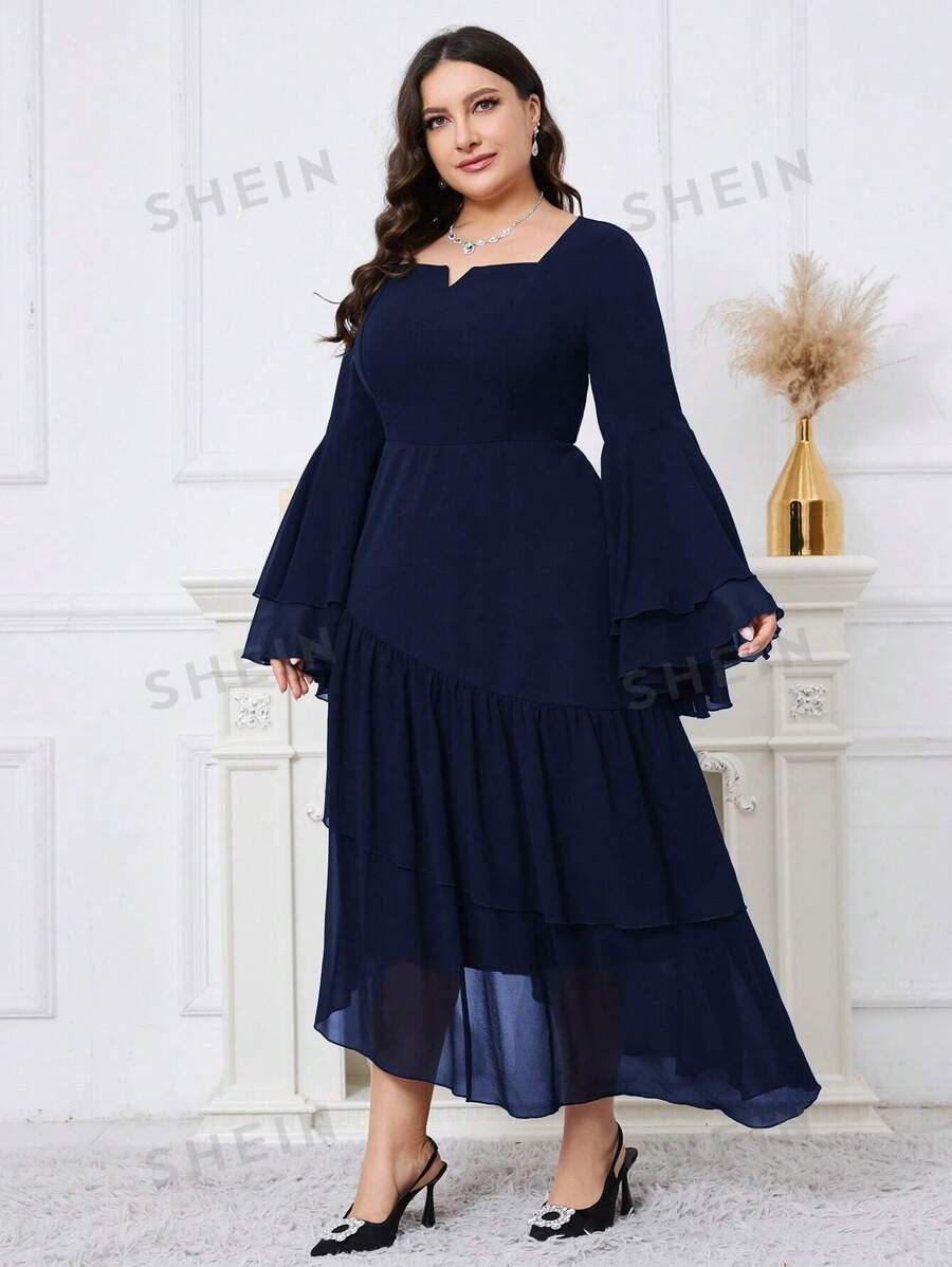 SHEIN Modely فستان أنيق للحفلات المسائية مع أكمام قرع وطيات على الحافة بلون أحادي مقاس كبير
