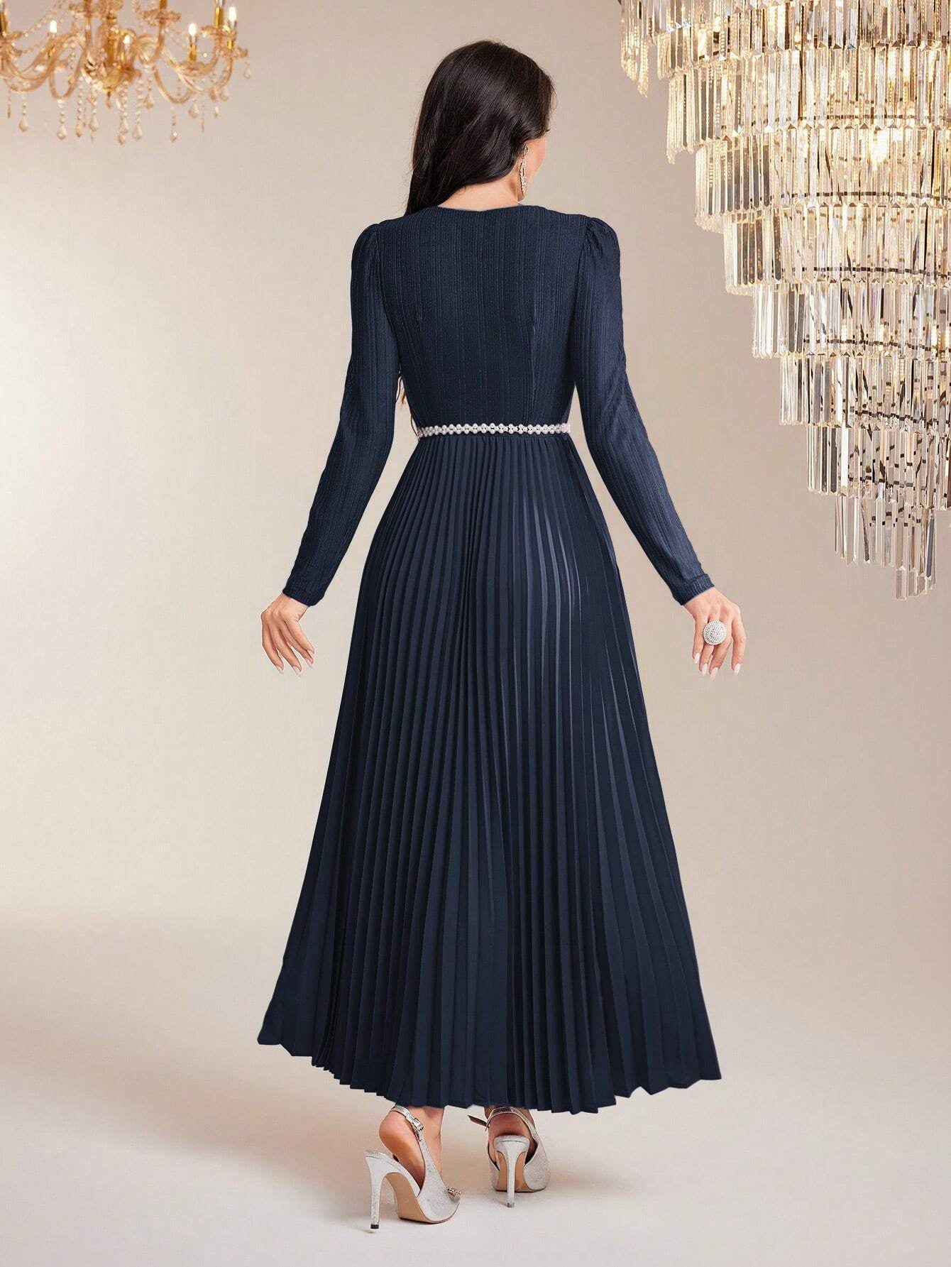 Modely Surplice Neck Pleated Hem Dress with Belt