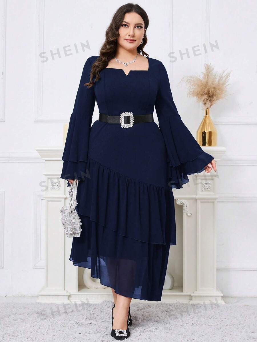 SHEIN Modely فستان أنيق للحفلات المسائية مع أكمام قرع وطيات على الحافة بلون أحادي مقاس كبير