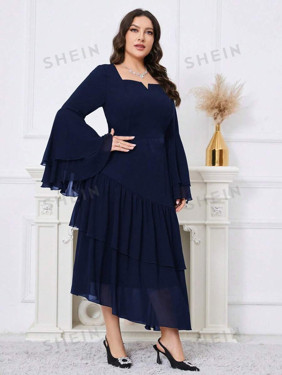 SHEIN Modely فستان أنيق للحفلات المسائية مع أكمام قرع وطيات على الحافة بلون أحادي مقاس كبير
