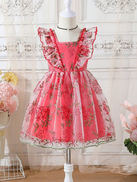 Young Girls' Elegant Princess Dresses, Flower Embroidered Tulle Dress with Puffy Sleeves for Wedding/Birthday/Party/Holiday, Sweet Pink Summer Clothes