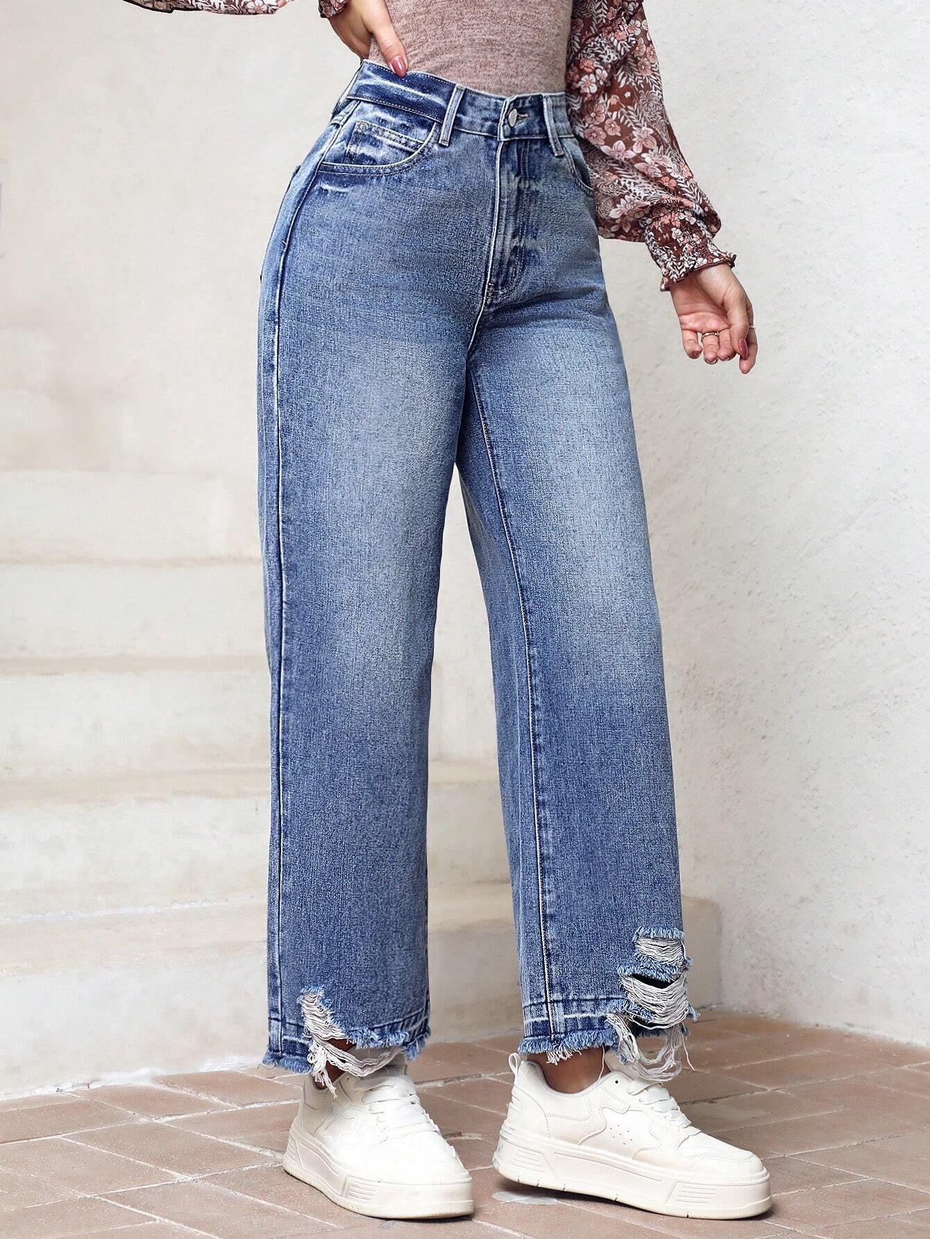 LUNE Distressed Straight Leg Denim Jeans