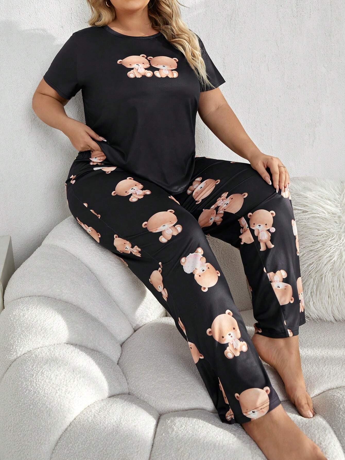 Plus Size Bear Print Homewear Suit