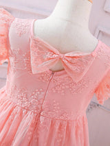 Young Girl Bow Back Ruffle Trim Lace Overlay Dress