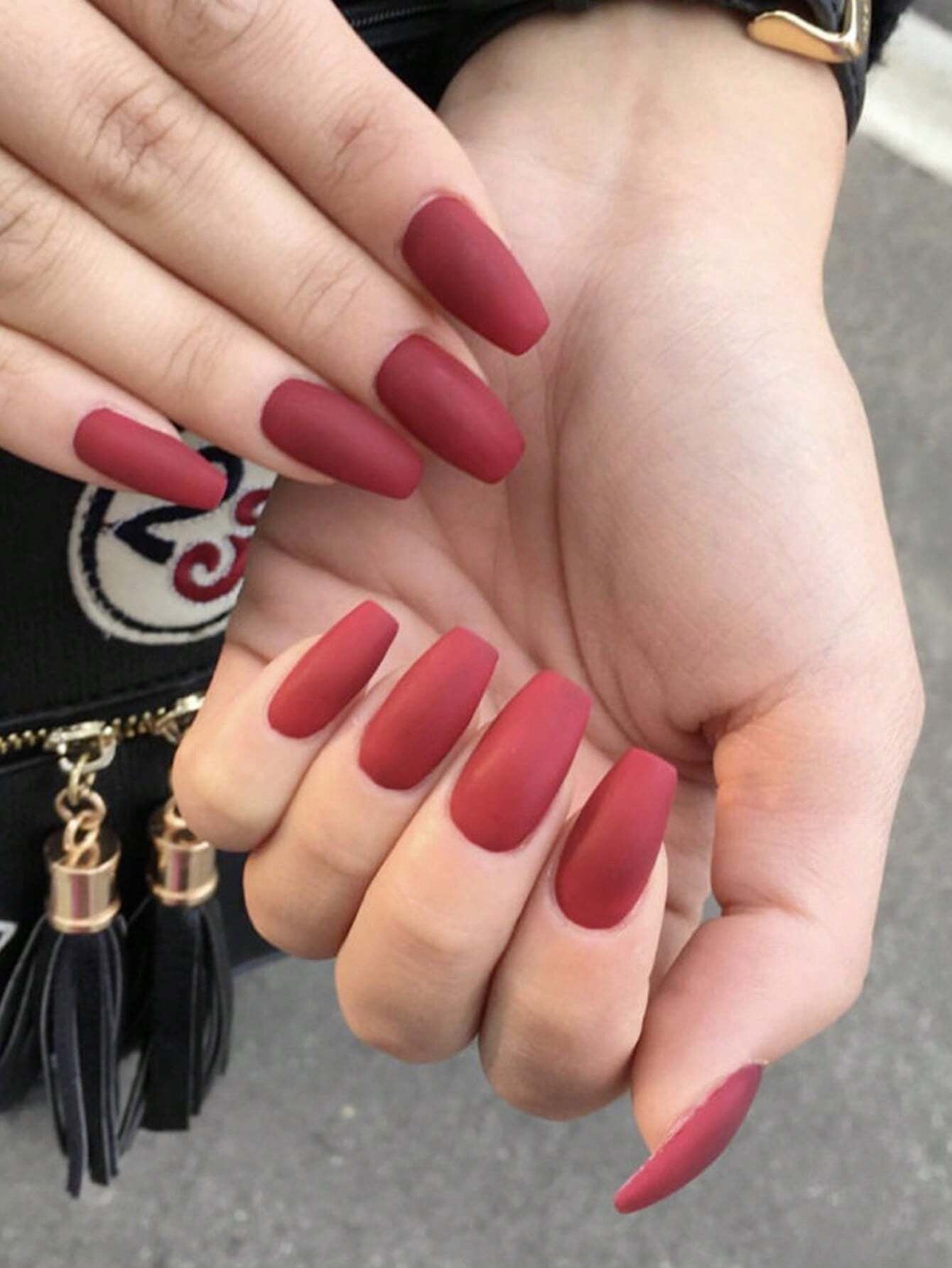 24Pcs Short Coffin Shape False Nails Set - Ballet Matt Red, Matte Greyish Blue and Elegant White Fake Nails with 1 Nail File & 1 Sheet Double Sided Adhesive