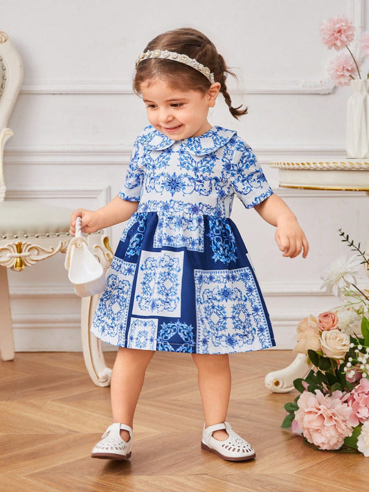 Baby Girls' Elegant Palace-Style Doll Collar Printed Dress, Suitable