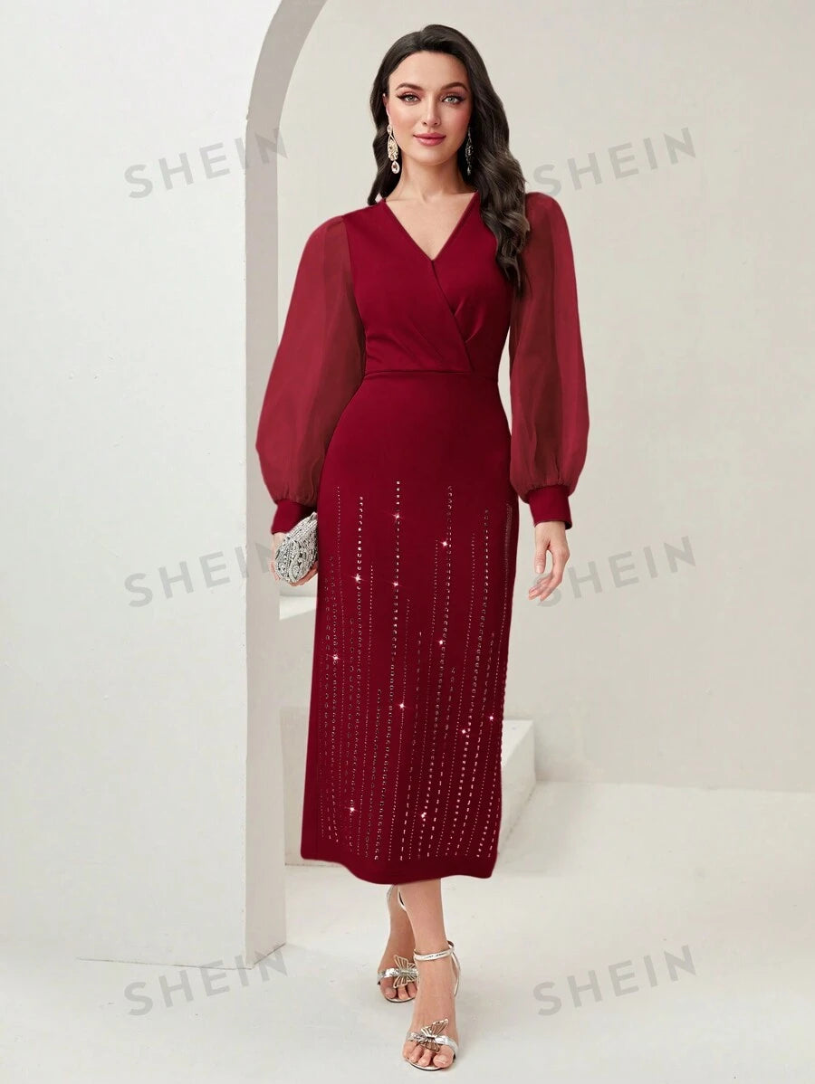 SHEIN Modely فستان طويل أنيق للنساء بأكمام فانوس مطرز بالراين في درجة اللون الأحمر البرغندي