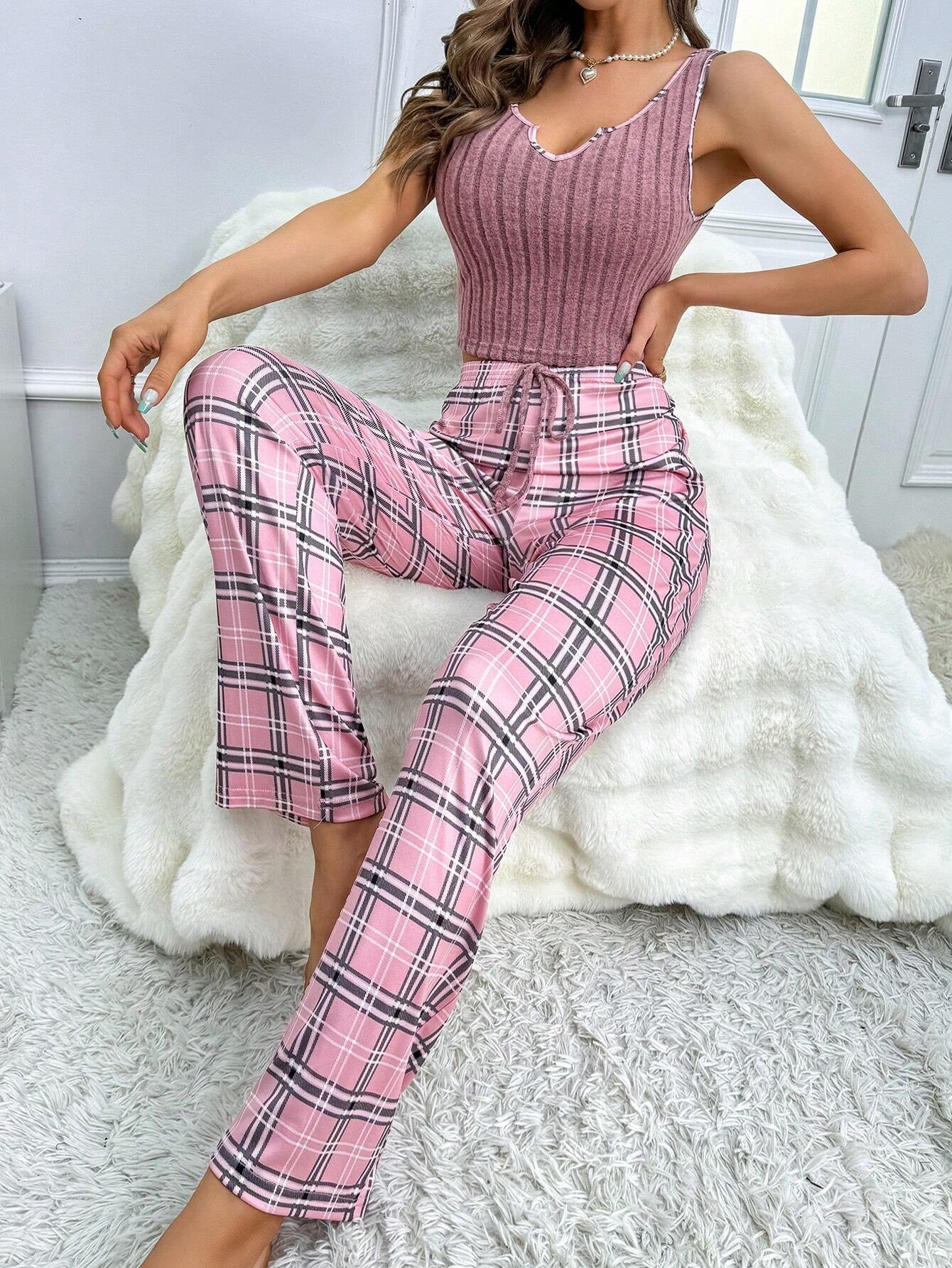 Women'S Ribbed Cami Plaid Pants Pajama Set