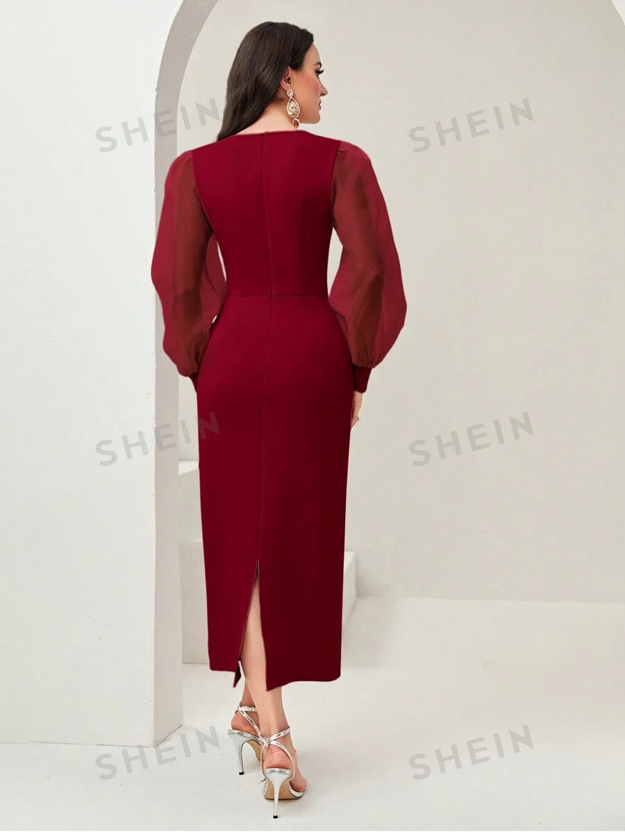 SHEIN Modely فستان طويل أنيق للنساء بأكمام فانوس مطرز بالراين في درجة اللون الأحمر البرغندي