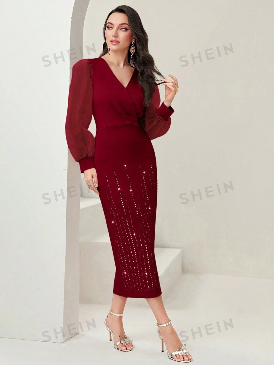 SHEIN Modely فستان طويل أنيق للنساء بأكمام فانوس مطرز بالراين في درجة اللون الأحمر البرغندي