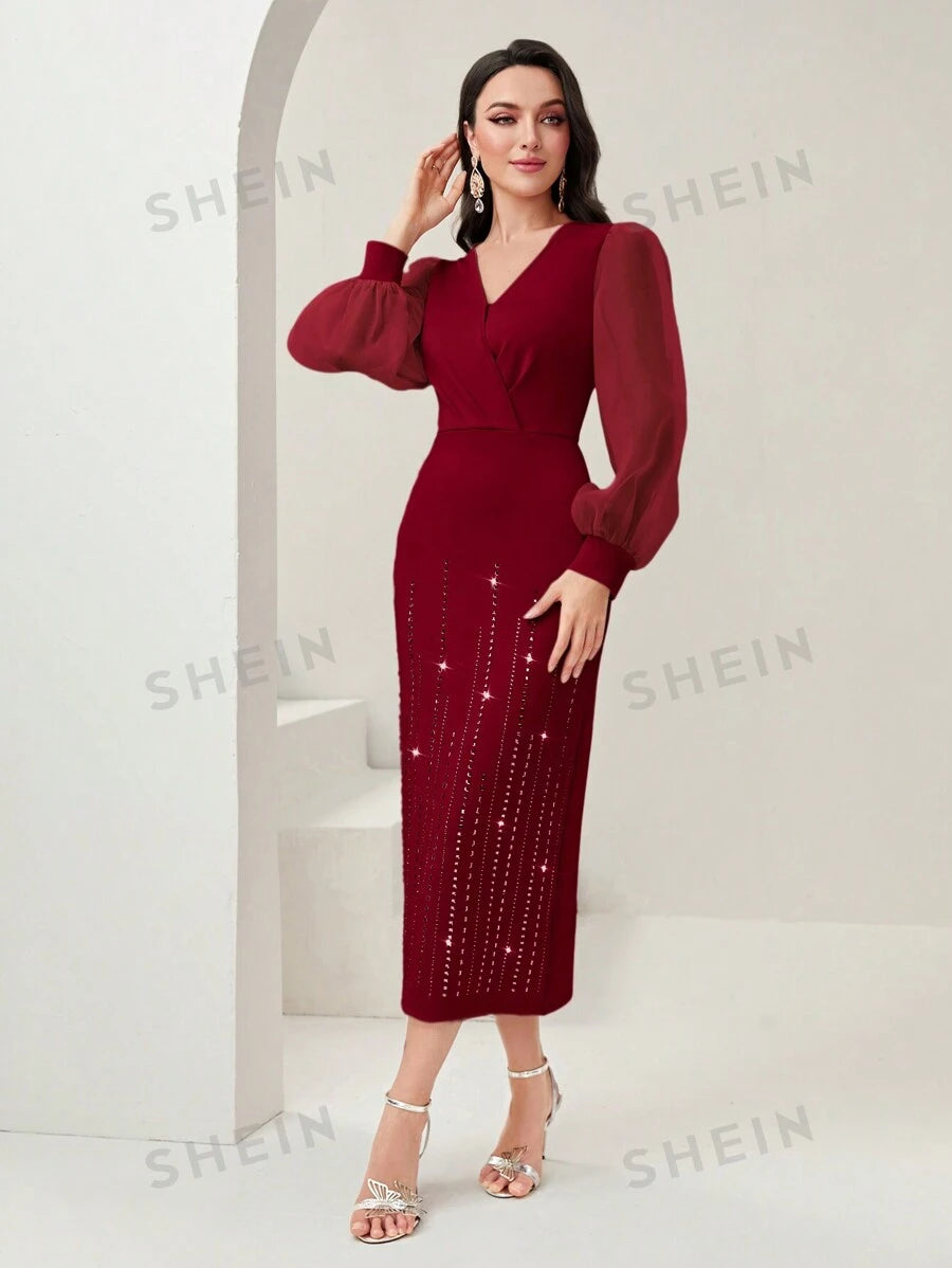 SHEIN Modely فستان طويل أنيق للنساء بأكمام فانوس مطرز بالراين في درجة اللون الأحمر البرغندي