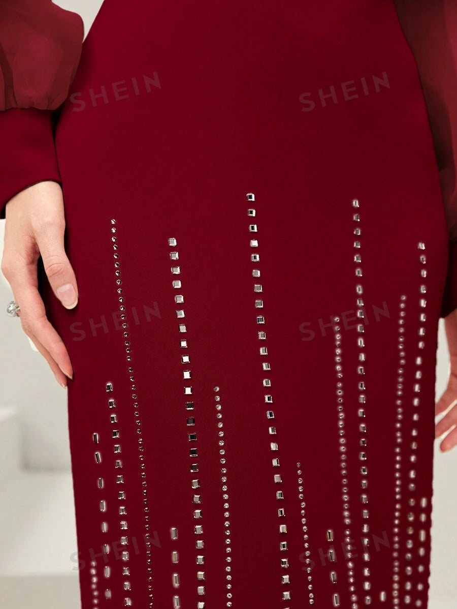 SHEIN Modely فستان طويل أنيق للنساء بأكمام فانوس مطرز بالراين في درجة اللون الأحمر البرغندي