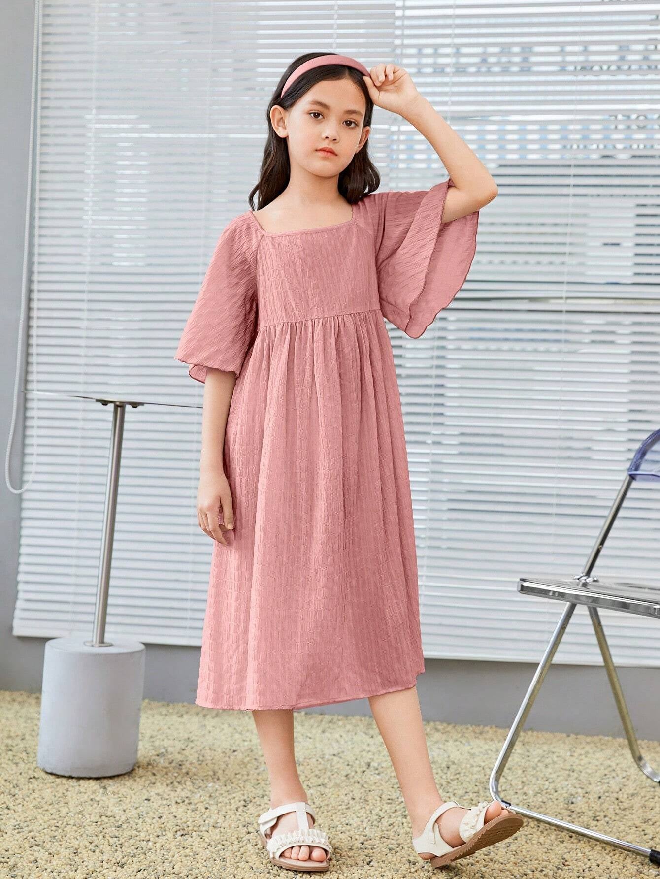 Tween Girl Solid Loose-Fit Elegant Dress with Square Neckline, Cap Sleeves, Suitable for Spring & Summer