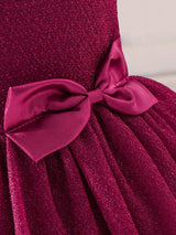 Young Girl Asymmetrical Collar Princess Style Tulle Dress with Ribbon Decor, Perfect for Parties