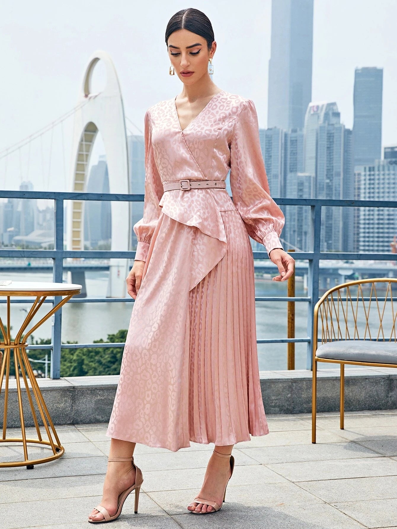 Modely Lantern Sleeve Pleated Hem Leopard Jacquard Satin Belted Dress