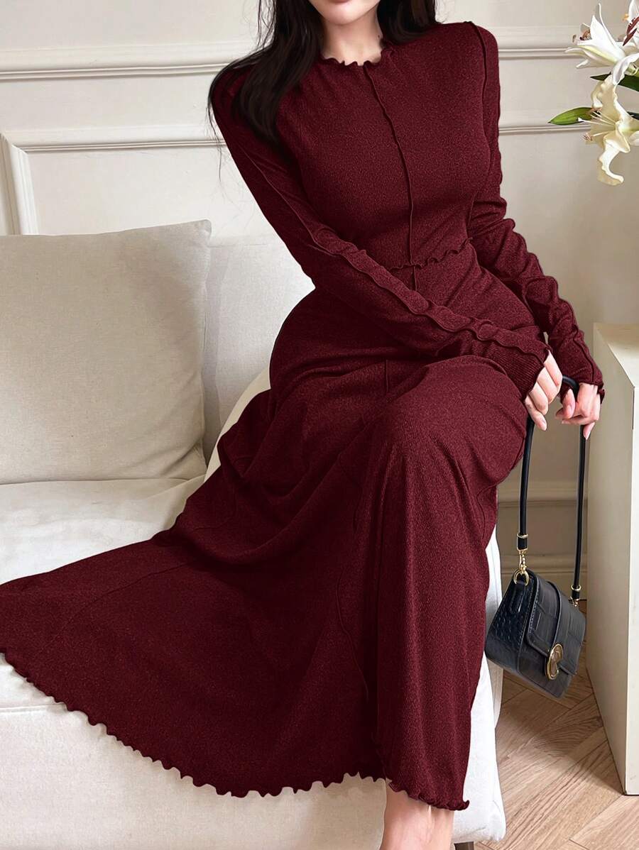 SHEIN Modelyn فستان طويل أكمام باللون العنابي وكشكشة