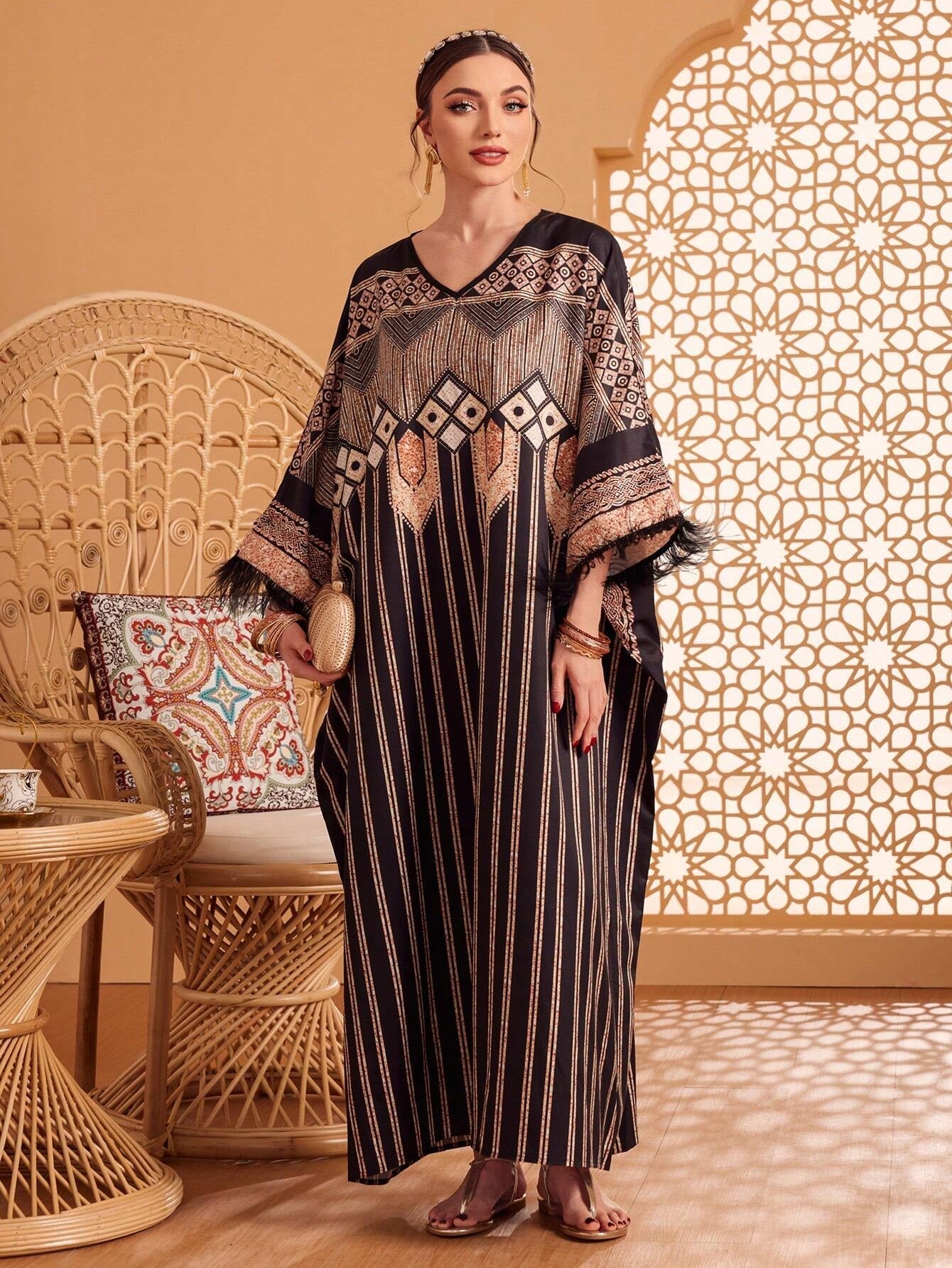 Najma Women'S Geometric Printed Fringed Turkish Kaftan