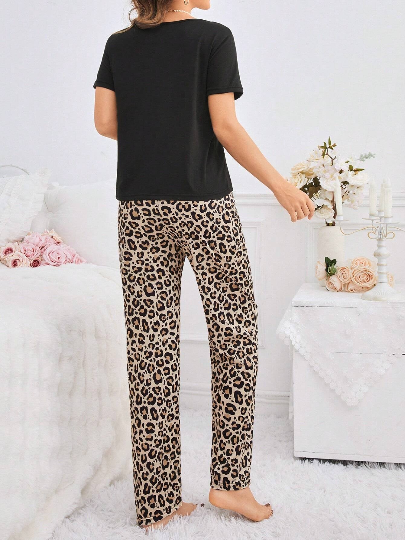 Ariqdhaksinargha Women'S Solid Color Top & Leopard Print Long Pants Pajama Set